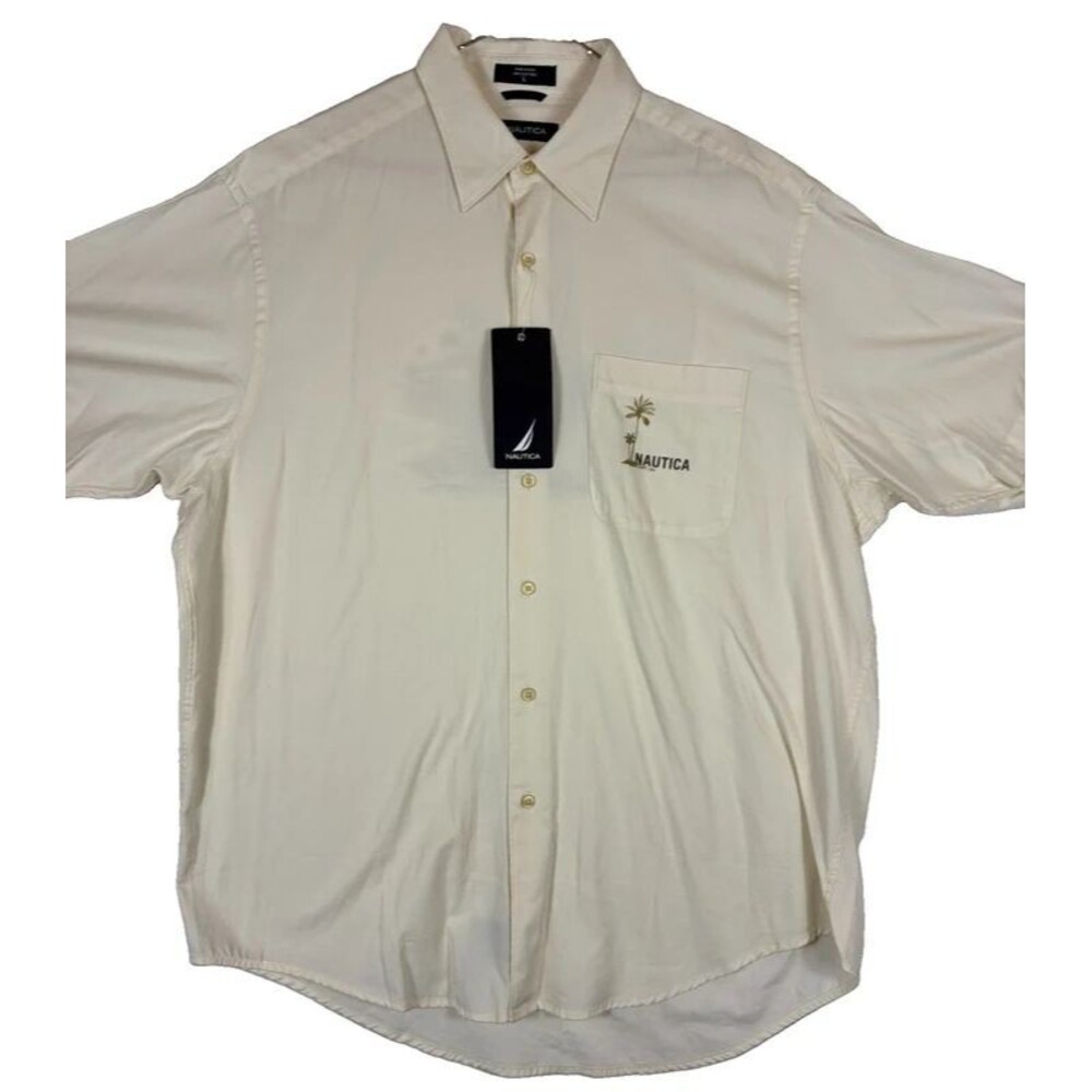 Nautica Sailing Shirt S/S Button Beach Tropical Cream Men’s Large NWT